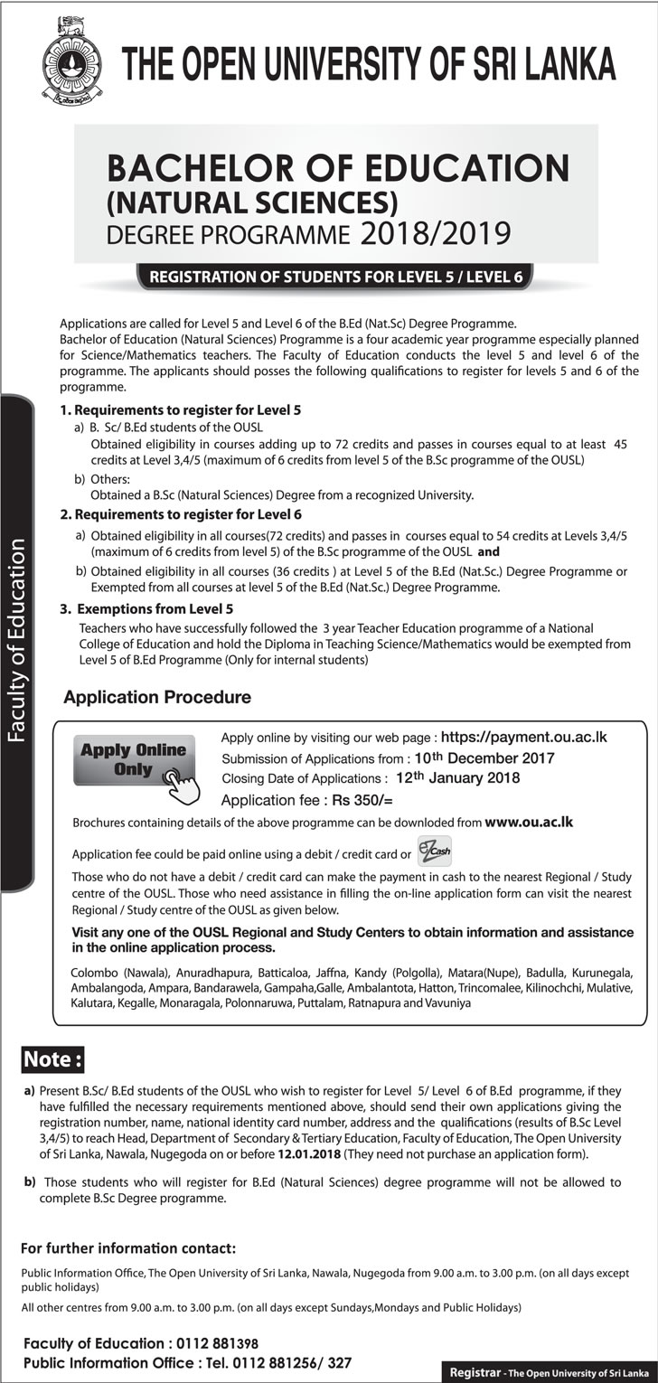 Bachelor of Education (Natural Sciences) Degree Programme 2018/2019 - Open University of Sri Lanka